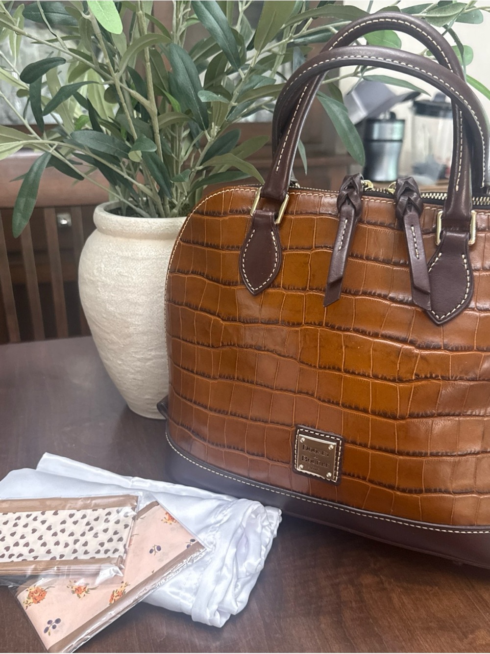 Dooney & Bourke Cognac Croc-Embossed Satchel with Dark Brown Trim